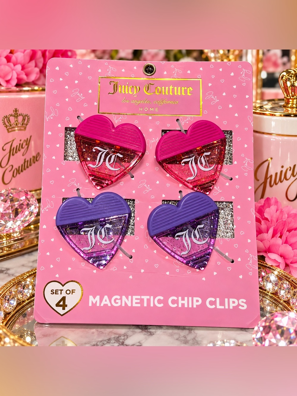 NWT Juicy Couture Heart Magnetic Chip Clips Set of 4 Pink Purple